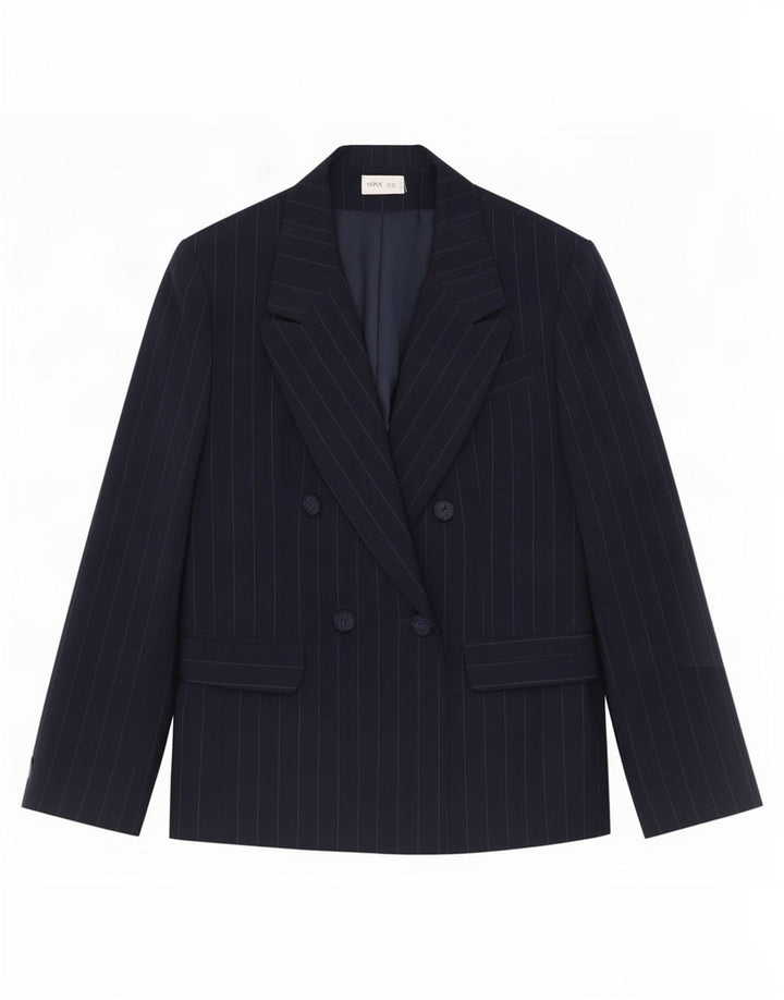 Giacca blazer doppiopetto da donna Bhs UK 14 grande gessato blu navy