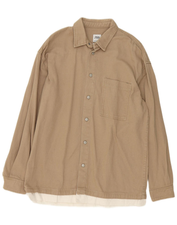 Camicia Zara da uomo dalla vestibilità comoda in cotone color block beige medio