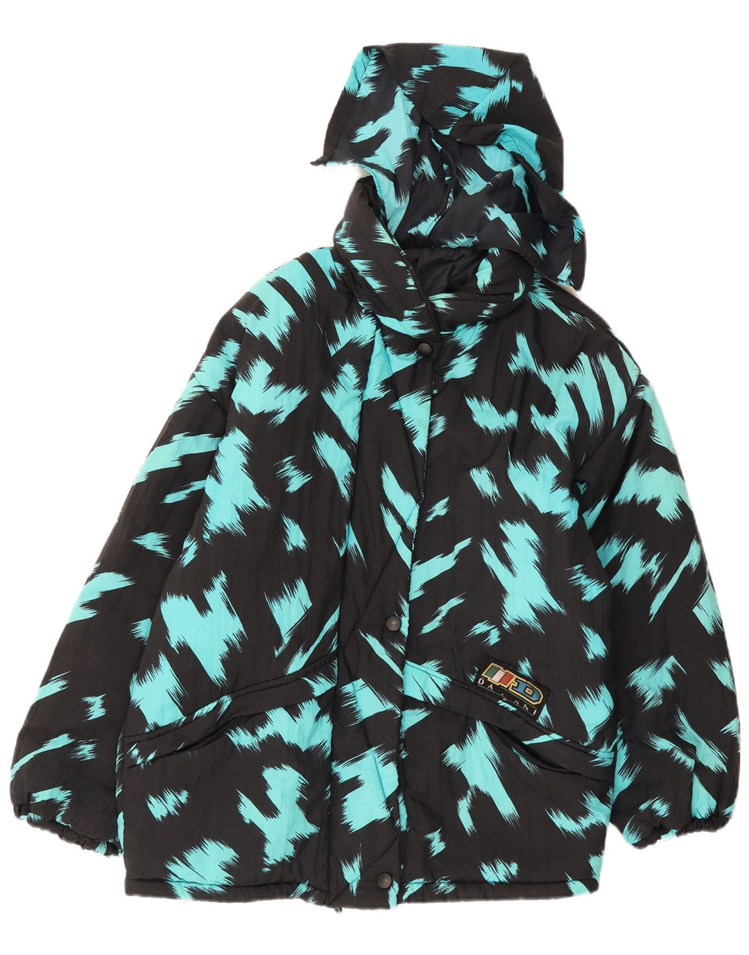Giacca imbottita con cappuccio da donna vintage UK 16 Large Black Tie Dye