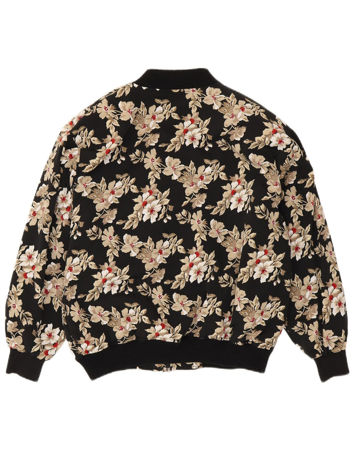 Giubbotto bomber vintage da donna vestibilità ampia UK 14 poliestere floreale nero medio