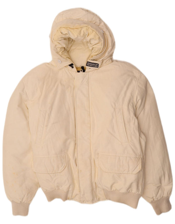 Giacca imbottita con cappuccio da uomo Woolrich UK 40 grande cotone bianco sporco