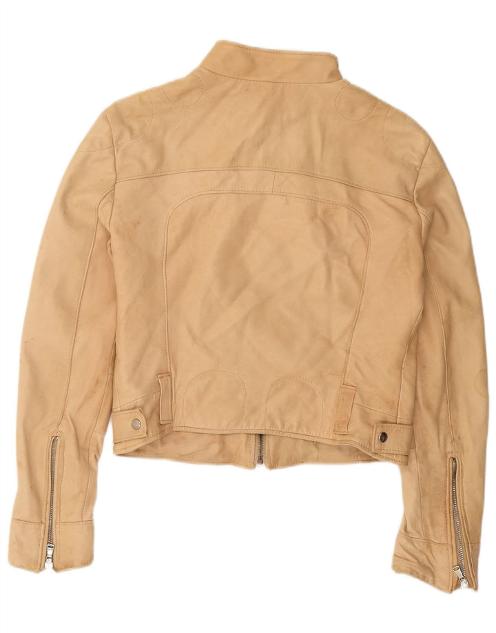 VINTAGE Womens Crop Leather Jacket UK 14 Large Beige Leather