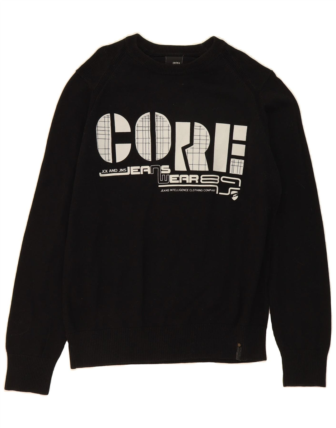 JACK & JONES Mens Graphic Crew Neck Jumper Sweater Large Black Cotton Vintage Jack & Jones and Second-Hand Jack & Jones from Messina Hembry 