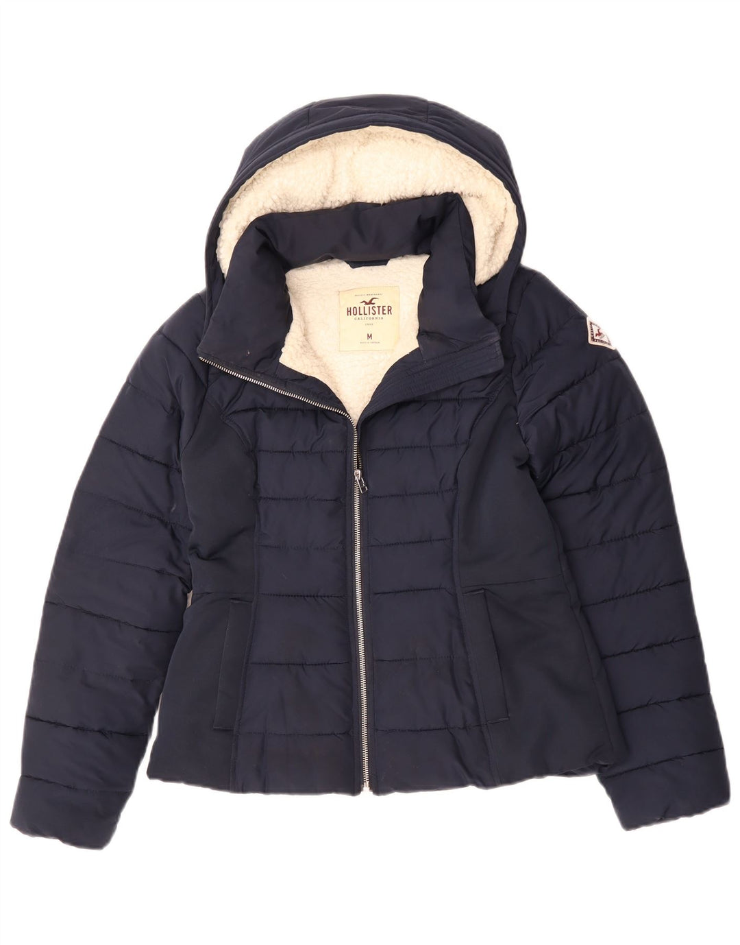 Giacca imbottita in sherpa con cappuccio Hollister da donna UK 14 medio blu navy