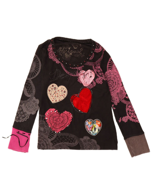 Desigual Donna Graphic Top Manica Lunga UK 12 Medio Nero Floreale Cotone
