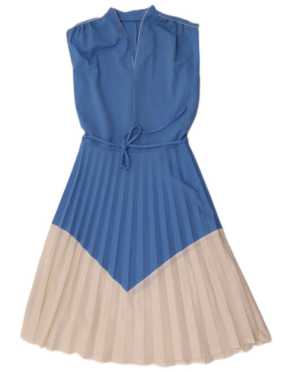 Abito vintage da donna senza maniche a trapezio UK 12 Colorblock blu medio