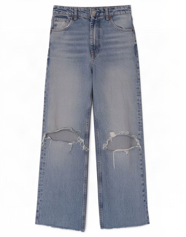 Jeans Zara da donna a vita alta effetto consumato a gamba larga EU 34 2XS W24 L28 Blu