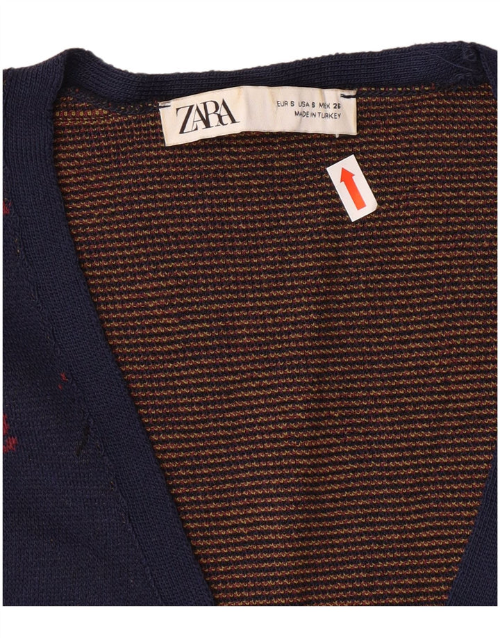 Maglione cardigan corto da donna ZARA UK 10 piccolo poliammide floreale blu navy