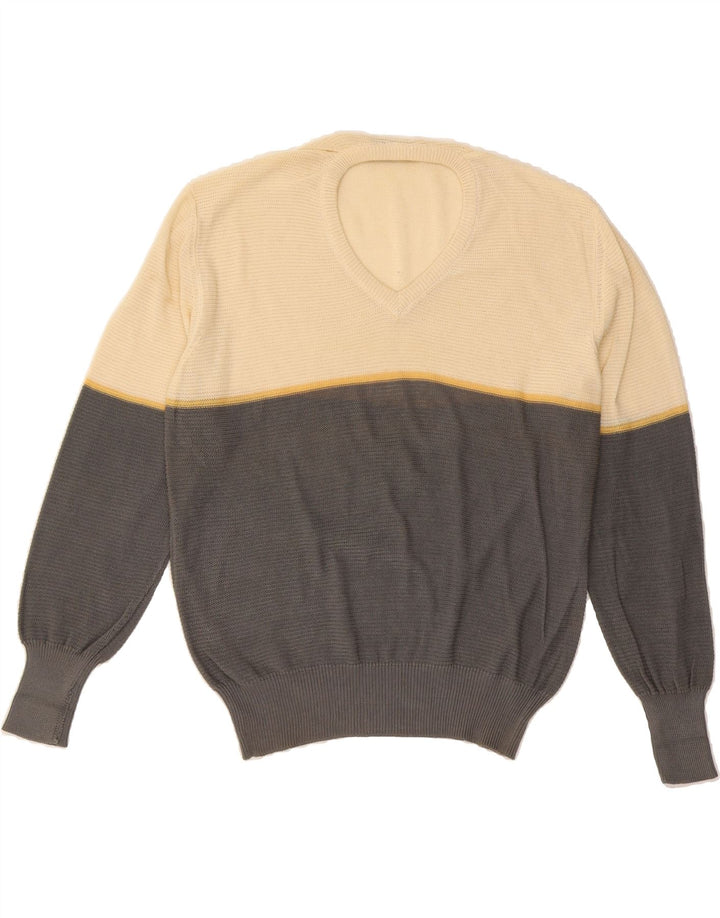 VINTAGE Mens V-Neck Jumper Sweater IT 46 Small Beige Colourblock Vintage Vintage and Second-Hand Vintage from Messina Hembry 
