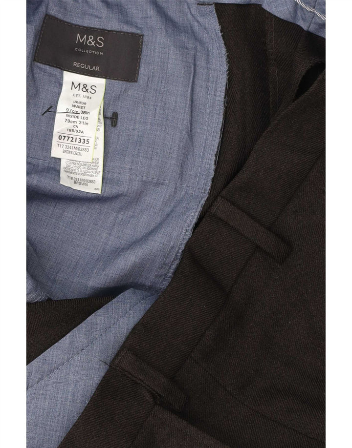 Pantaloni da abito regolari dritti da uomo Marks & Spencer W38 L31 poliestere marrone