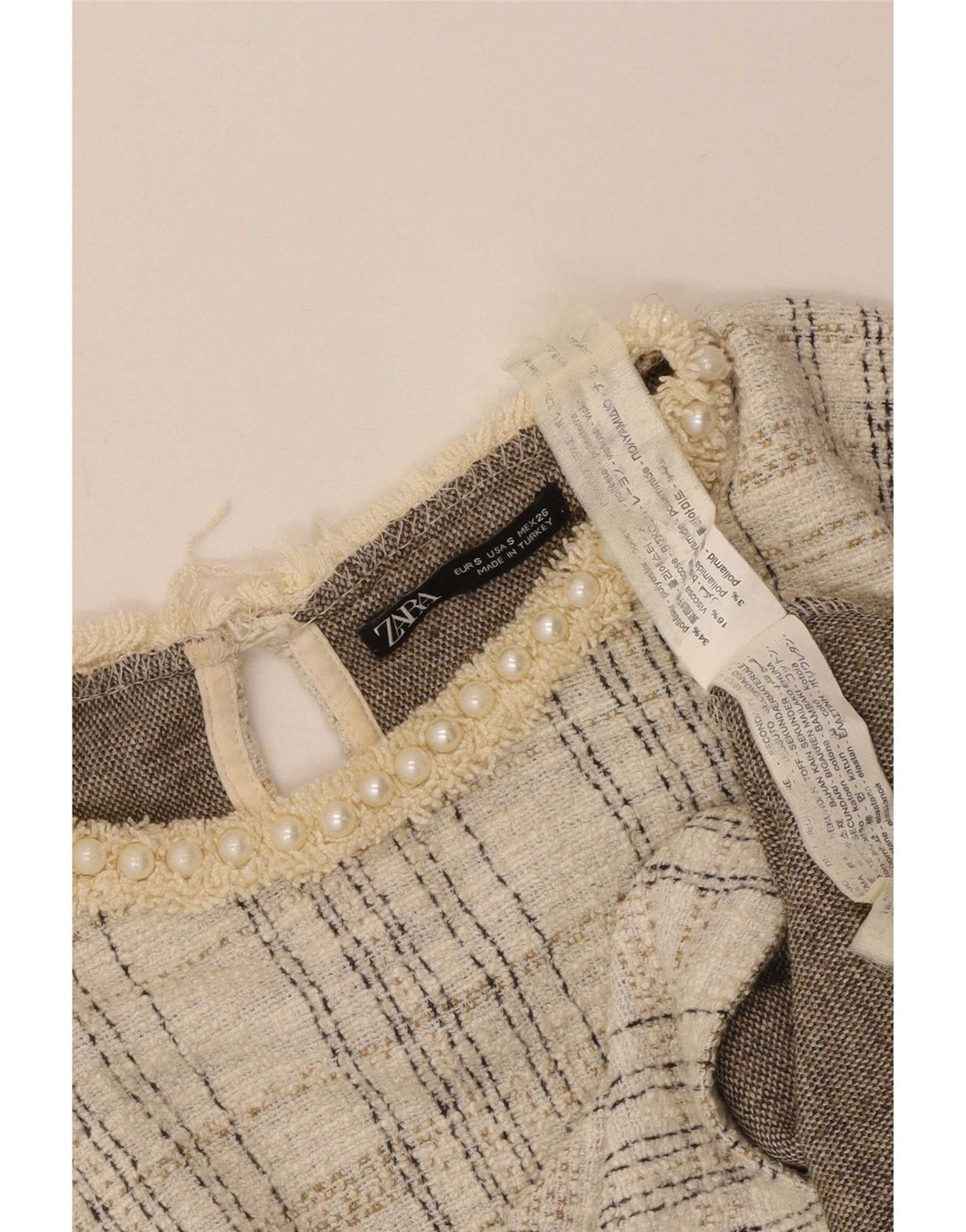 Camicetta corta a maniche lunghe da donna Zara UK 10 piccola in poliestere a quadri beige