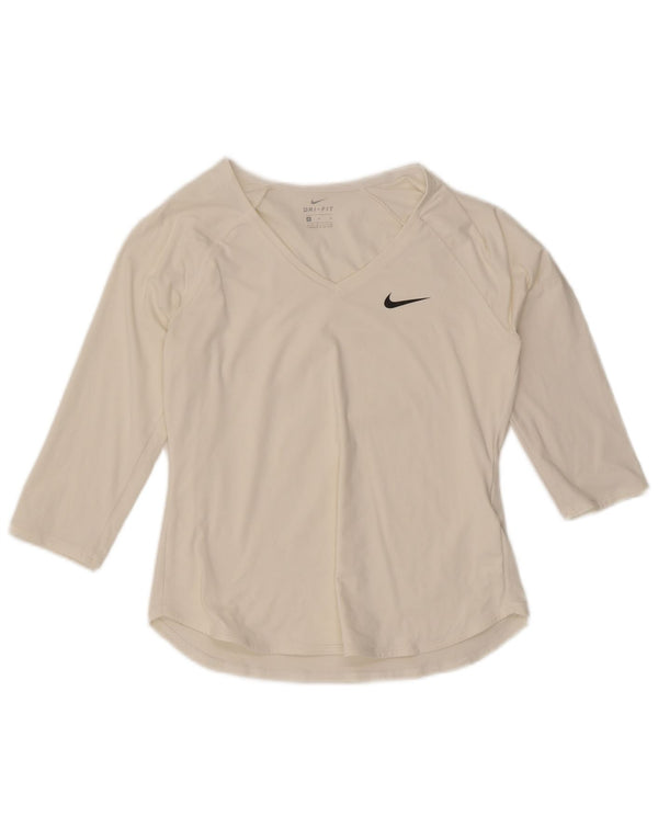 Nike Dri Fit Top Manica 3/4 da Donna UK 12 Medio Bianco Poliestere