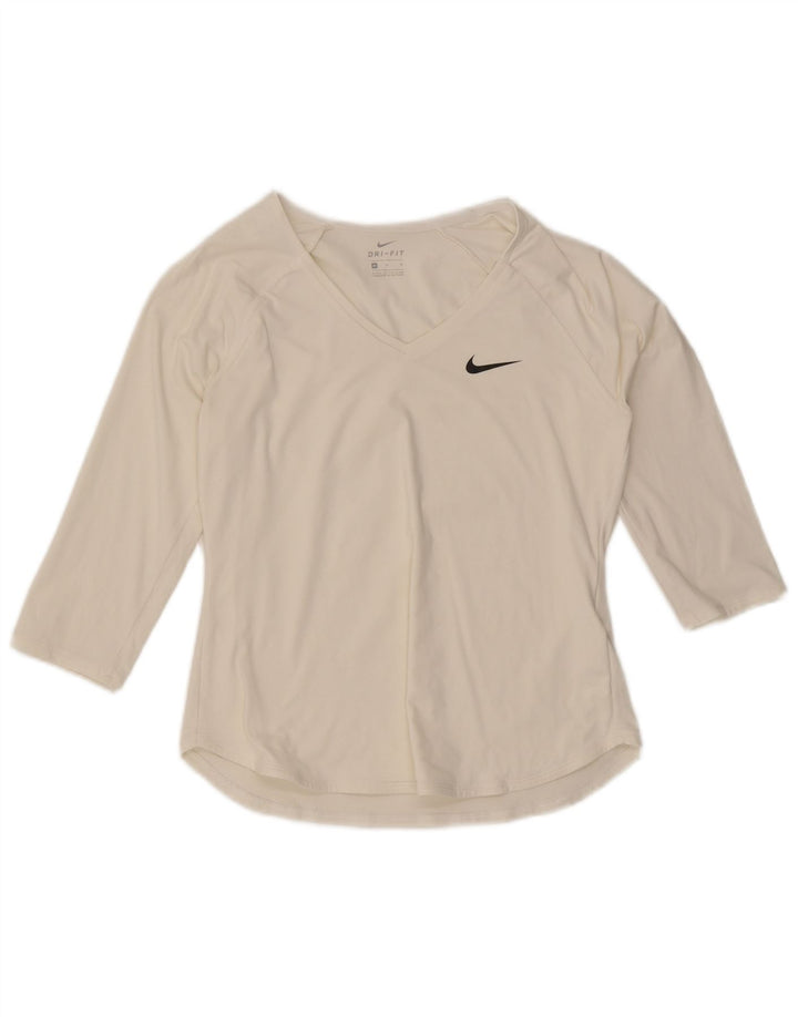 Nike Dri Fit Top Manica 3/4 da Donna UK 12 Medio Bianco Poliestere