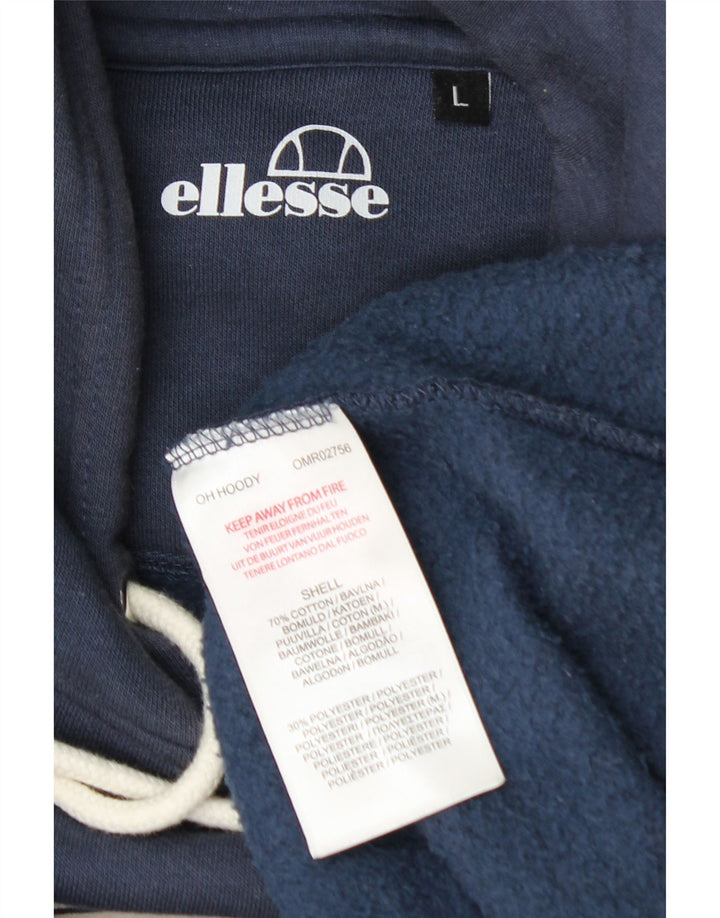 ELLESSE Mens Graphic Hoodie Jumper Large Navy Blue Cotton Vintage Ellesse and Second-Hand Ellesse from Messina Hembry 