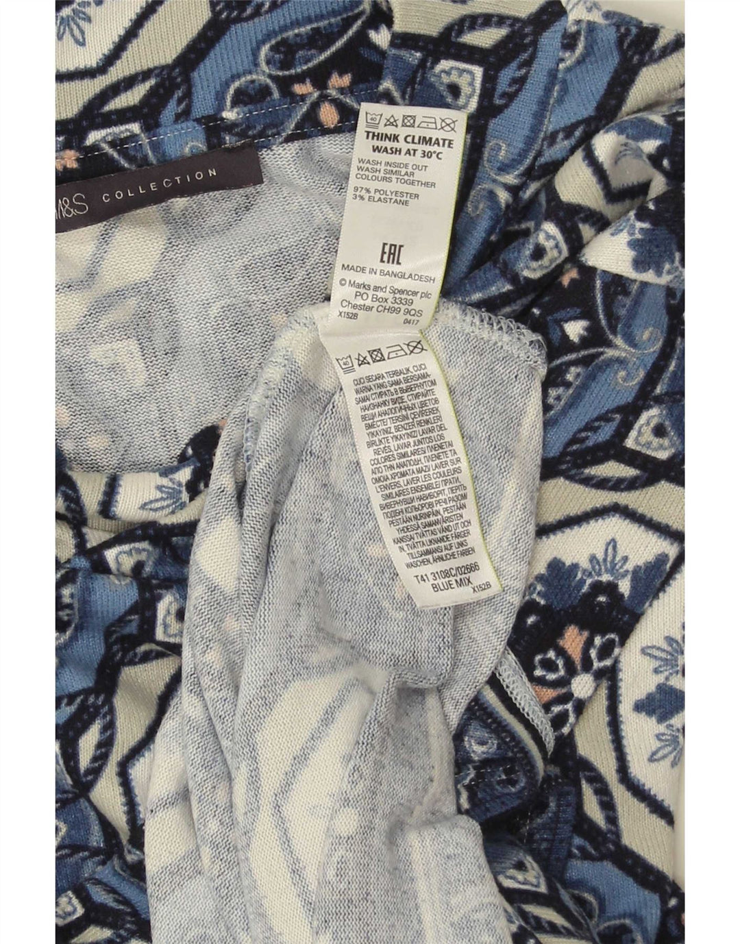 Top tunica manica 3/4 da donna Marks & Spencer UK 12 Blu medio geometrico