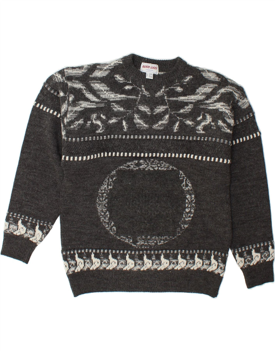 BERTO LUCCI Mens Crew Neck Jumper Sweater Small Grey Fair Isle Acrylic Vintage Berto Lucci and Second-Hand Berto Lucci from Messina Hembry 
