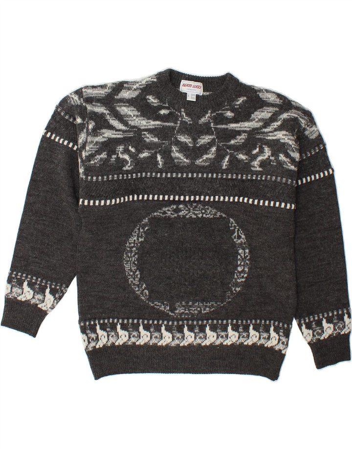 BERTO LUCCI Mens Crew Neck Jumper Sweater Small Grey Fair Isle Acrylic Vintage Berto Lucci and Second-Hand Berto Lucci from Messina Hembry 
