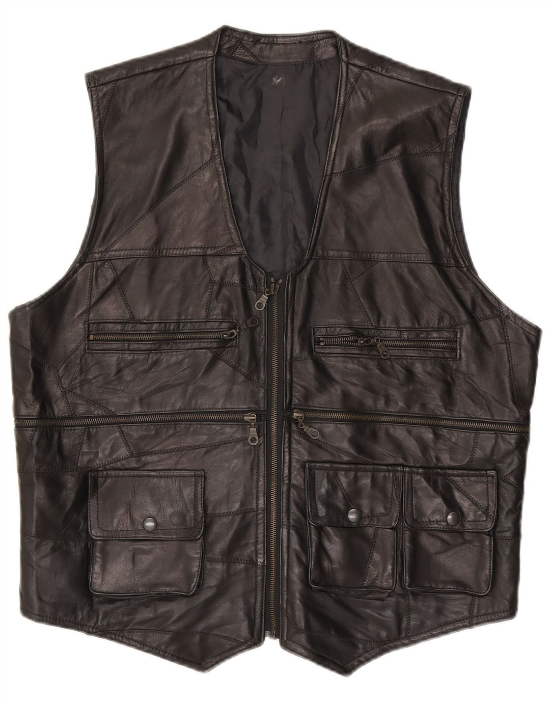 Gilet pratico in pelle da uomo vintage UK 38 patchwork medio nero