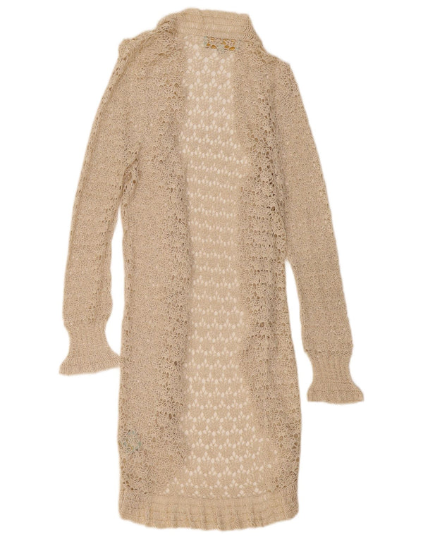 Maglione cardigan lungo trasparente da donna vintage UK 14 grande beige