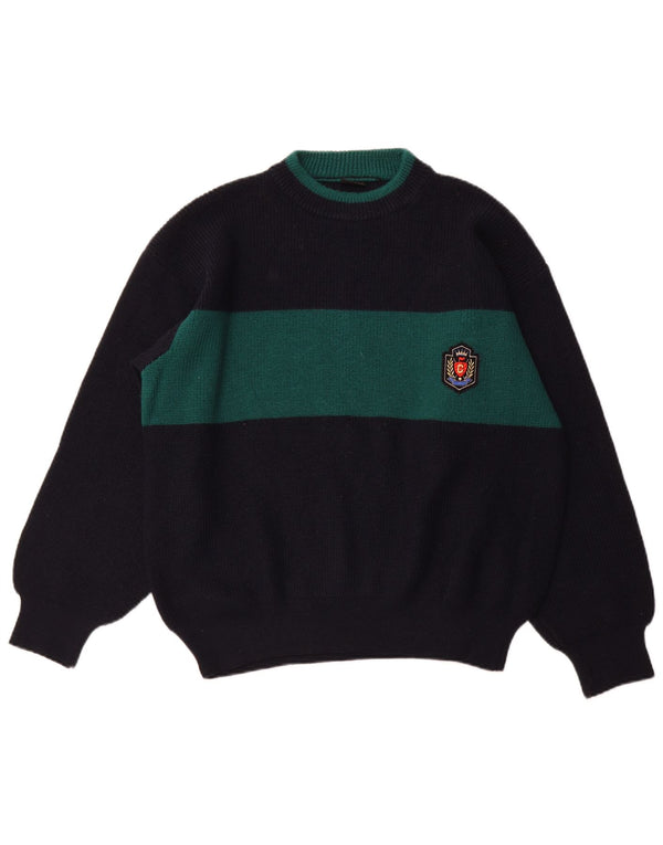 VINTAGE Maglione da uomo con scollo a barca XL Lana color block blu navy