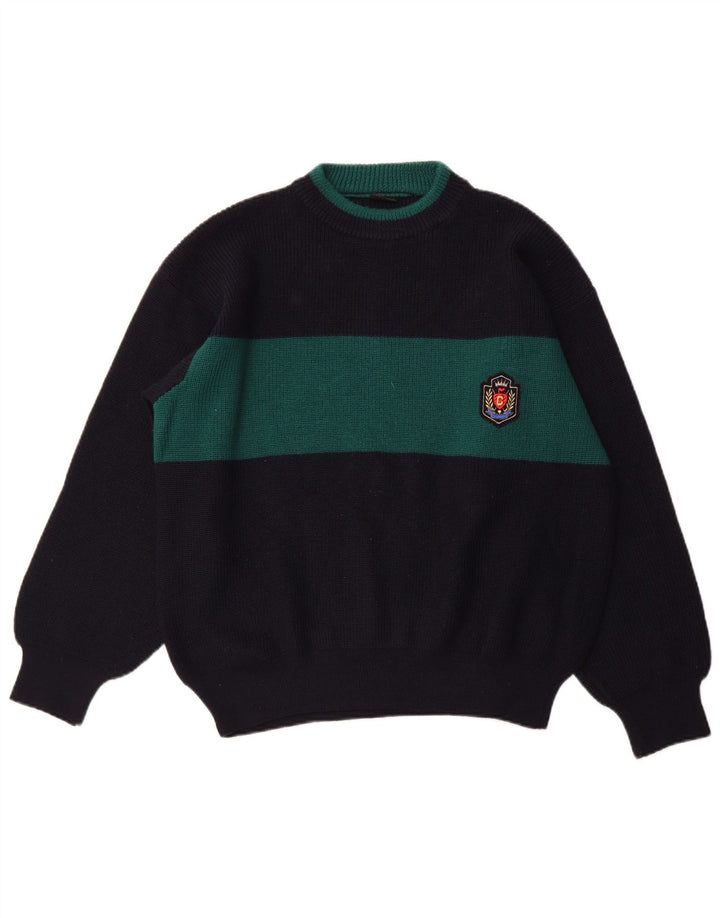 VINTAGE Maglione da uomo con scollo a barca XL Lana color block blu navy