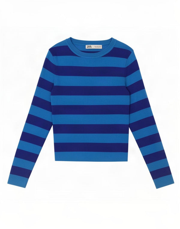 Top corto da donna Zara a maniche lunghe UK 10 piccolo in viscosa a righe blu