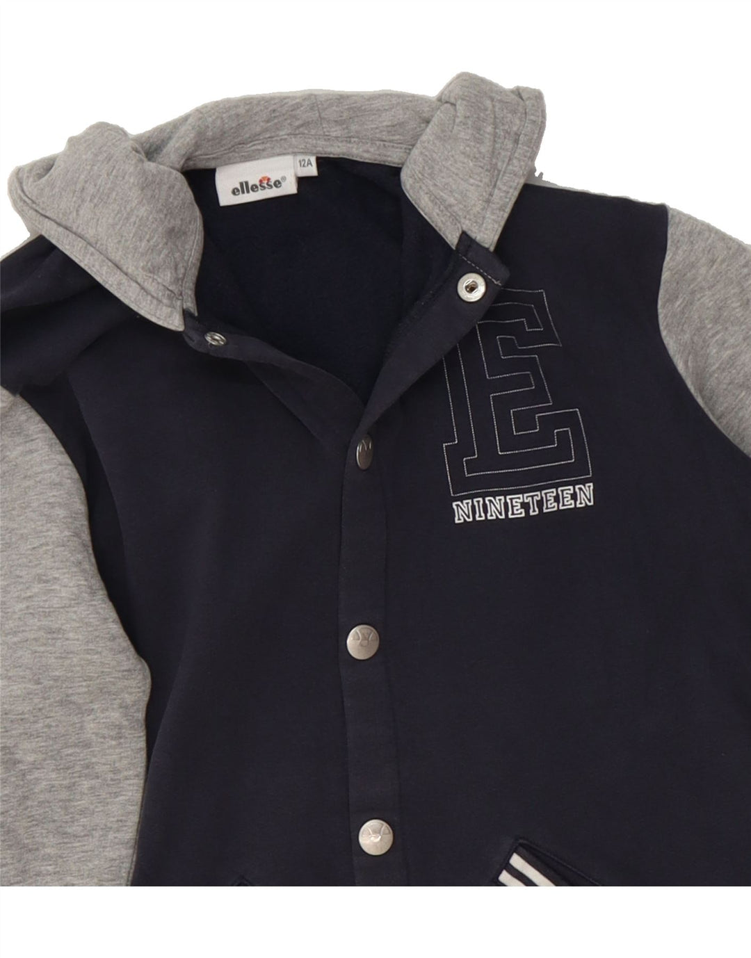 ELLESSE Boys Graphic Varsity Jacket 11-12 Years Navy Blue Colourblock Vintage Ellesse and Second-Hand Ellesse from Messina Hembry 