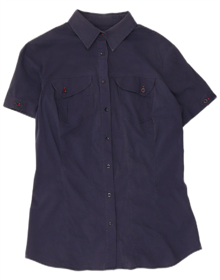 TRUSSARDI JEANS Camicia a maniche corte da donna UK 12 Medio Blu Navy Cotone
