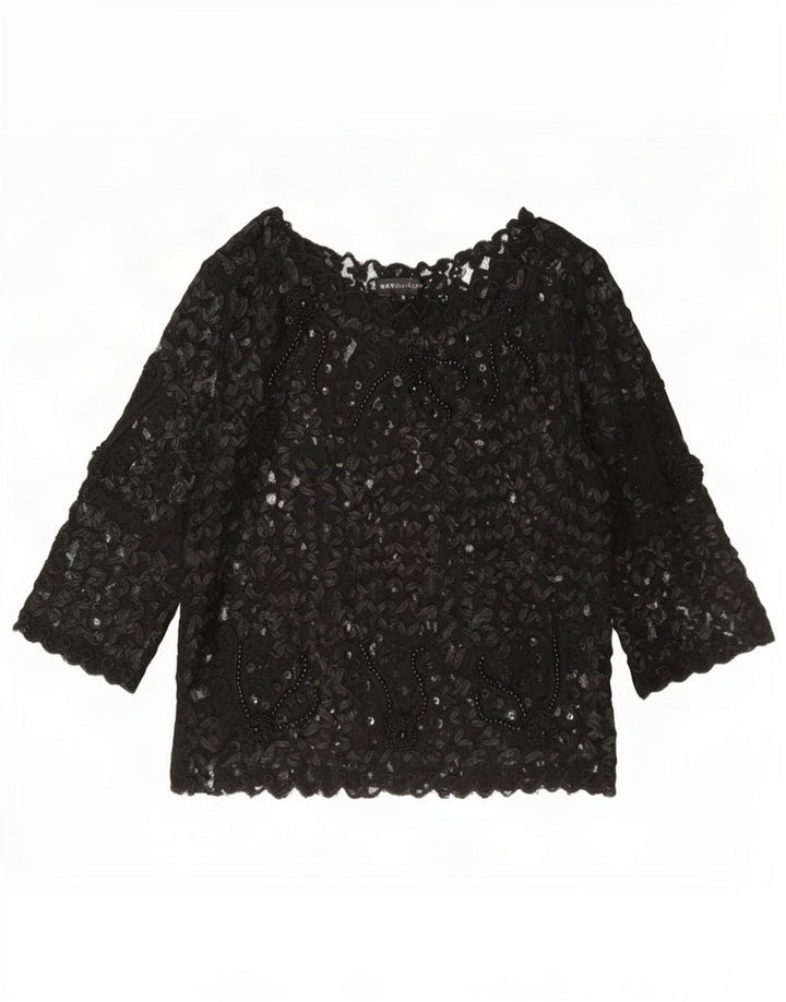 Sky Design Top da donna trasparente con maniche a 3/4 US 4 piccolo floreale nero