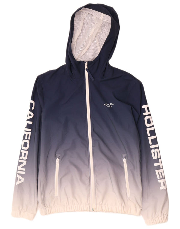 Giacca antipioggia da uomo con cappuccio grafico Hollister UK 34 XS blu navy color block