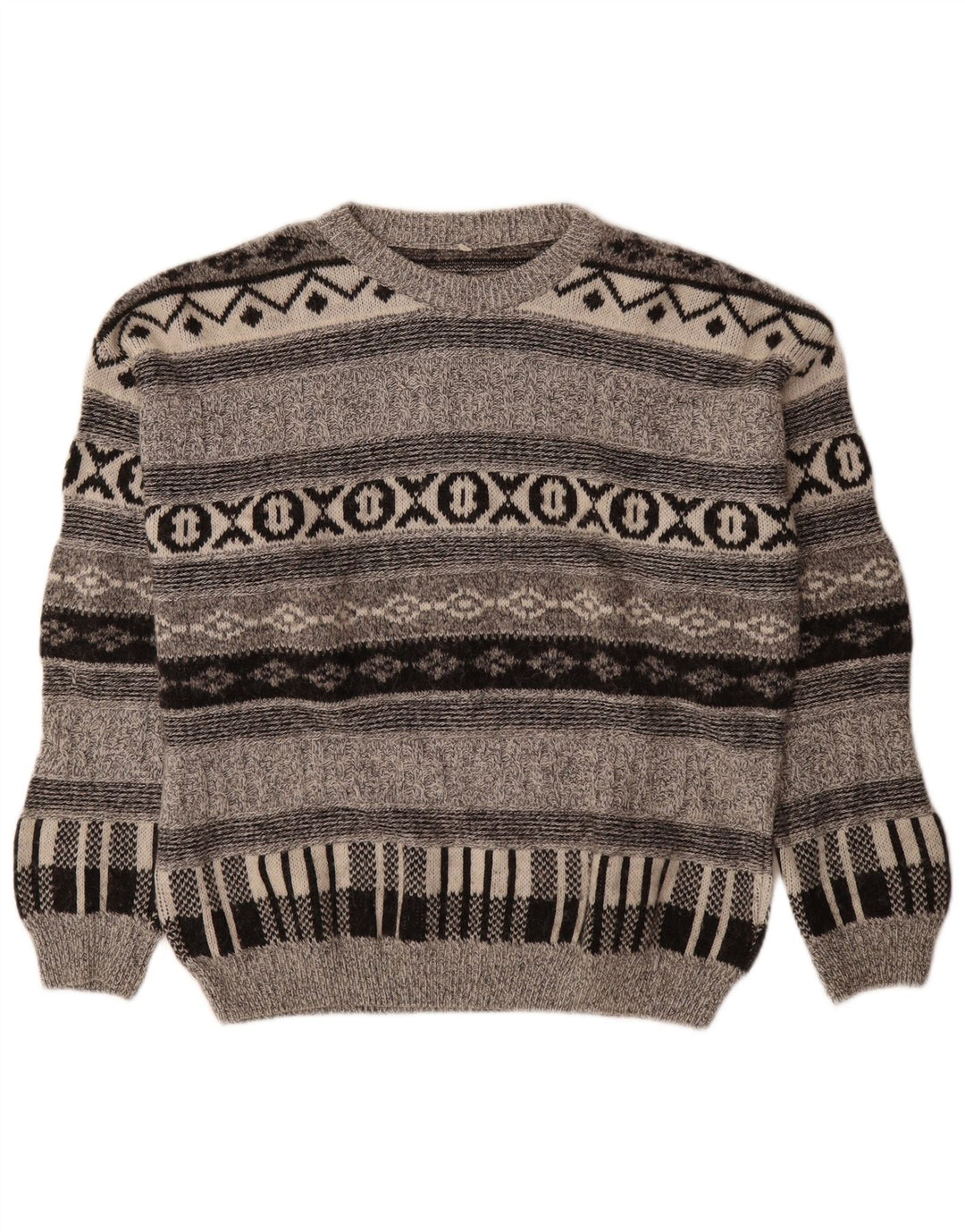 Maglione girocollo da uomo vintage in lana geometrica grigio medio
