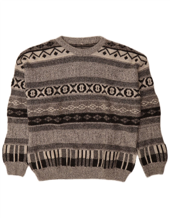 Maglione girocollo da uomo vintage in lana geometrica grigio medio