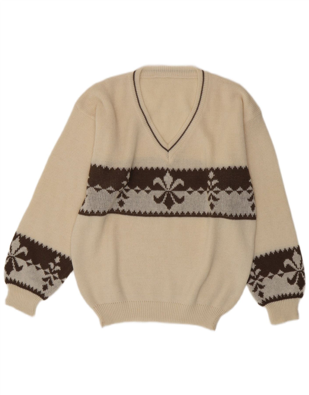 Maglione vintage da uomo con scollo a V, grande lana Fair Isle bianca