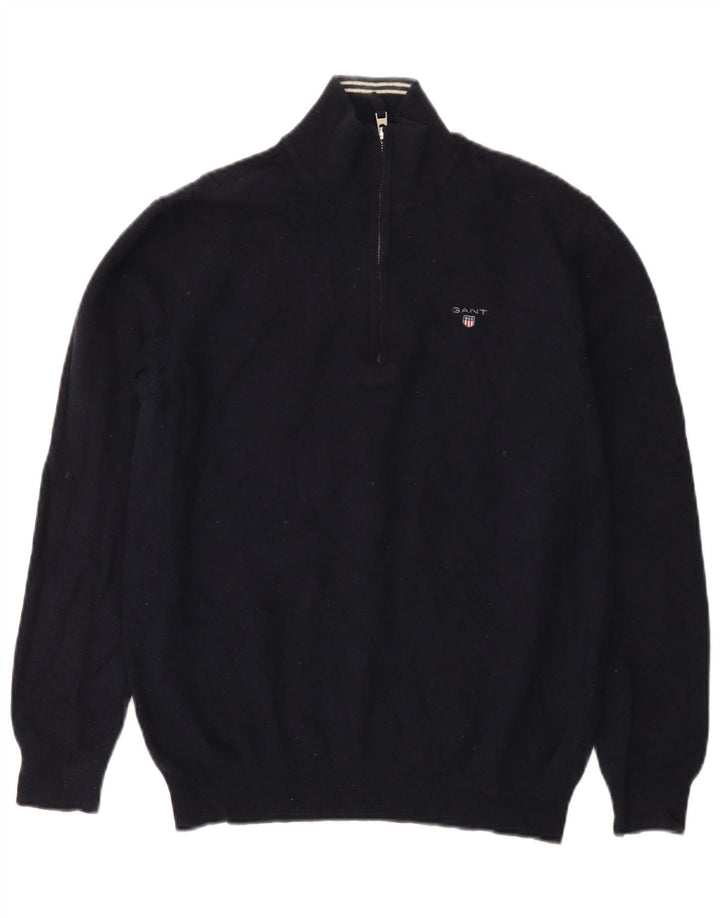 Gant Maglione da uomo con zip e collo XL in lana d'agnello blu navy
