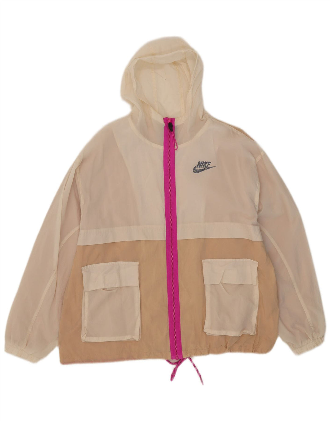 Giacca antipioggia oversize con cappuccio da donna Nike UK 10 Small Beige Colourblock