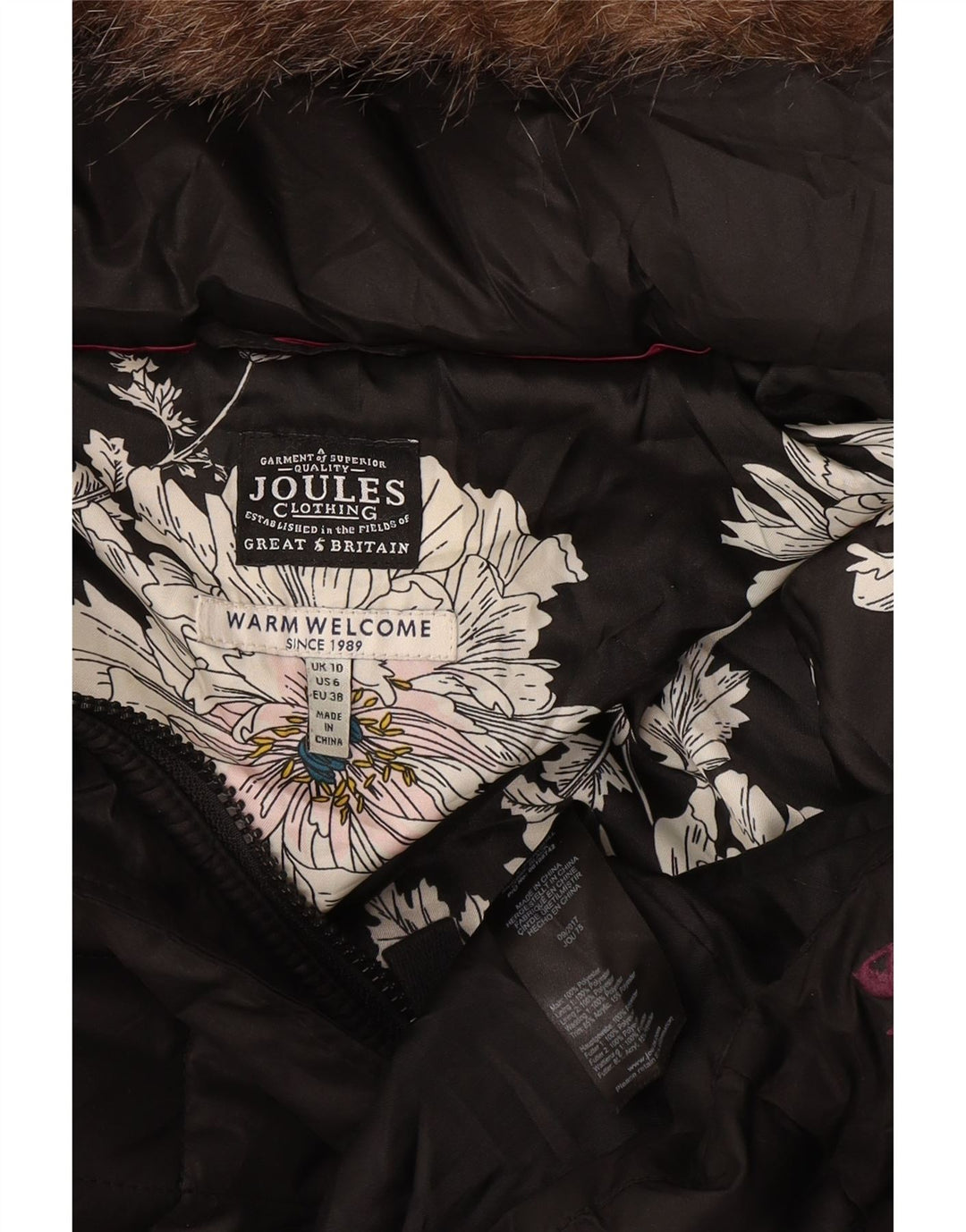 Cappotto trapuntato con cappuccio da donna Joules UK 10 piccolo poliestere nero