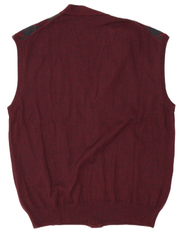 Maglione cardigan senza maniche vintage da uomo grande bordeaux a rombi/diamante