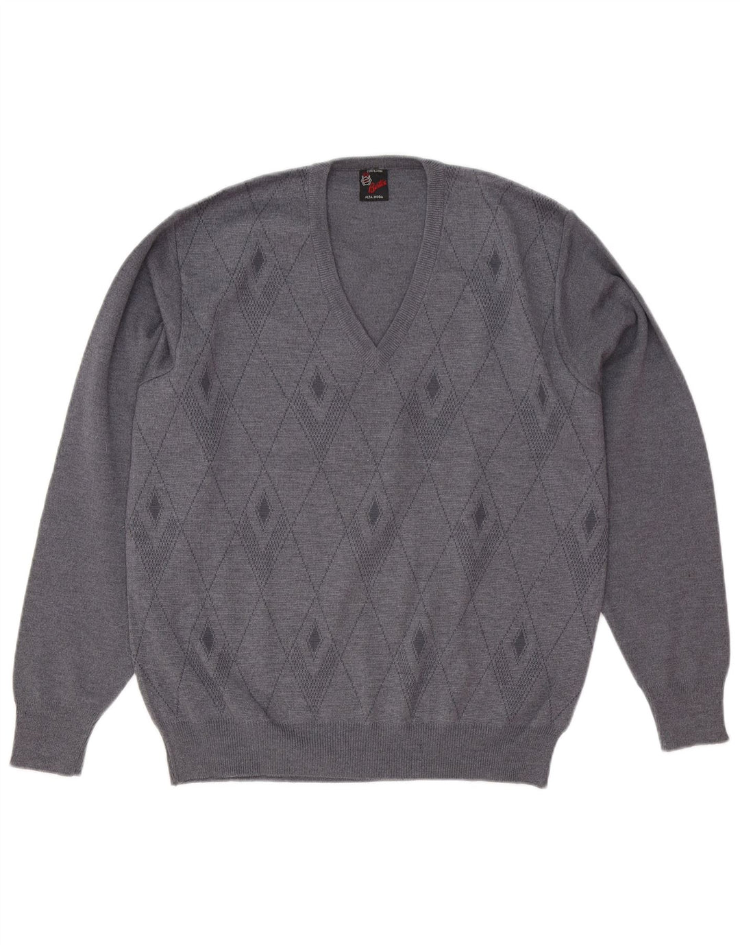 Maglione vintage da uomo con scollo a V, lana a rombi/diamante grigio medio