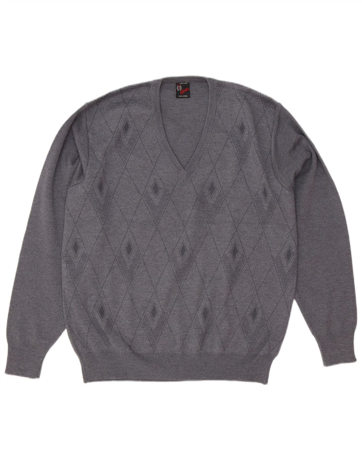 Maglione vintage da uomo con scollo a V, lana a rombi/diamante grigio medio