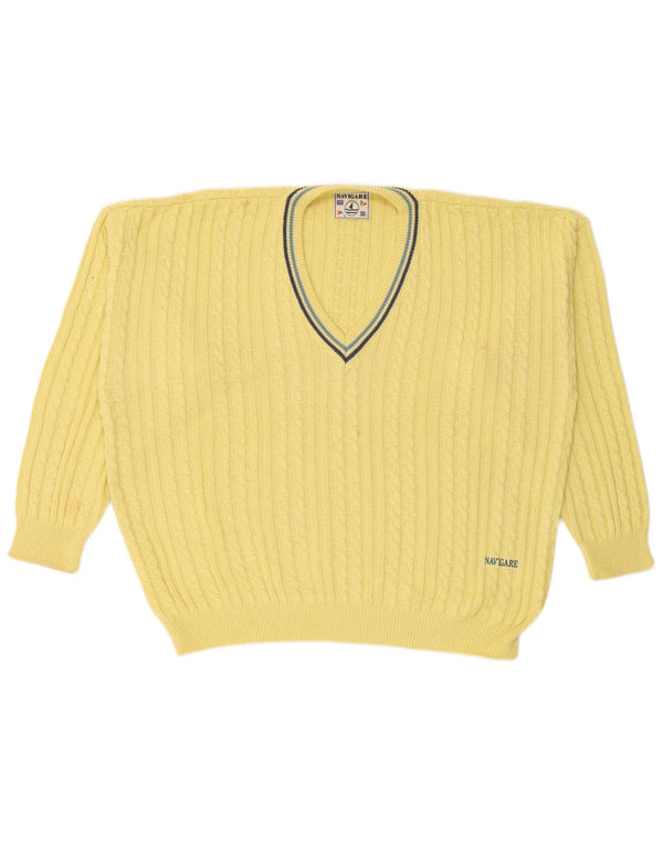NAVIGARE Mens V-Neck Jumper Sweater Large Yellow Cotton