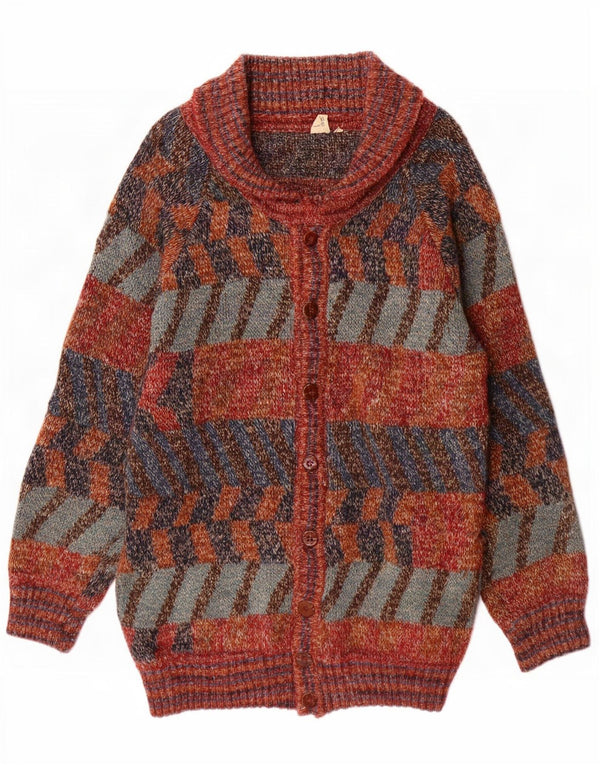 Maglione cardigan lungo da uomo vintage in lana geometrica multicolore grande