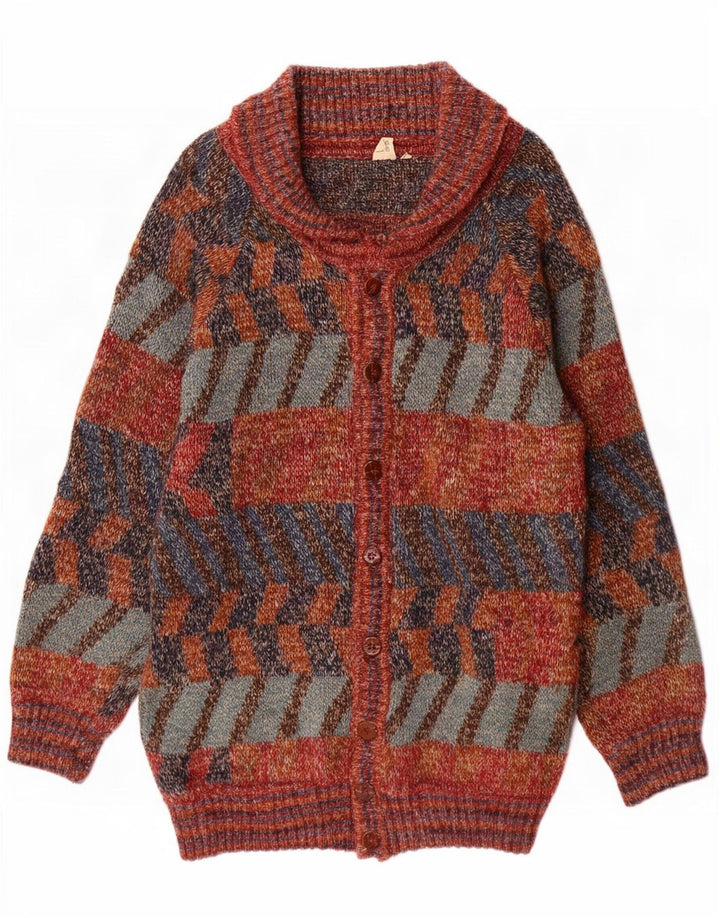 Maglione cardigan lungo da uomo vintage in lana geometrica multicolore grande