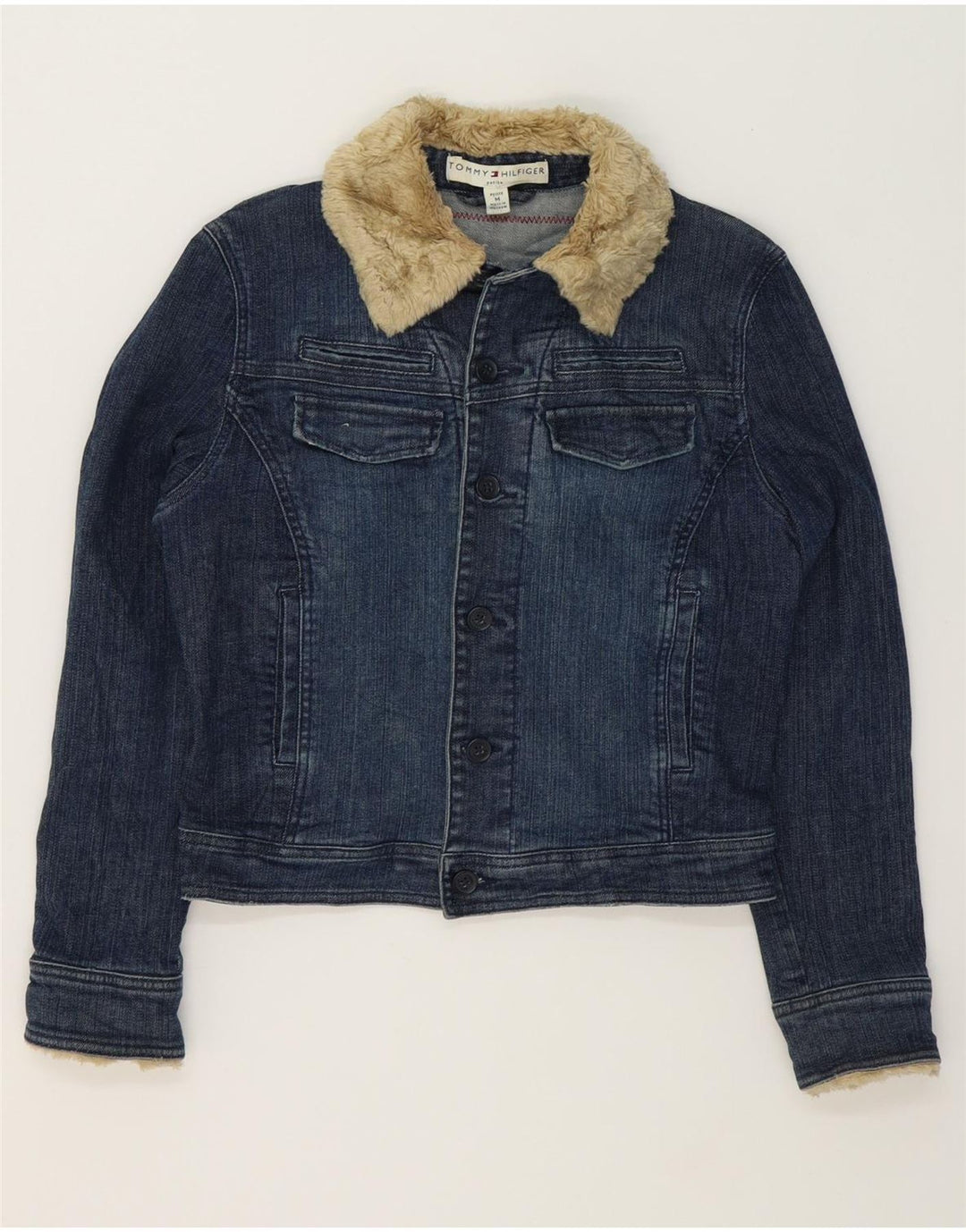 TOMMY HILFIGER Womens Petite Crop Denim Jacket UK 14 Medium Blue Floral Vintage Tommy Hilfiger and Second-Hand Tommy Hilfiger from Messina Hembry 
