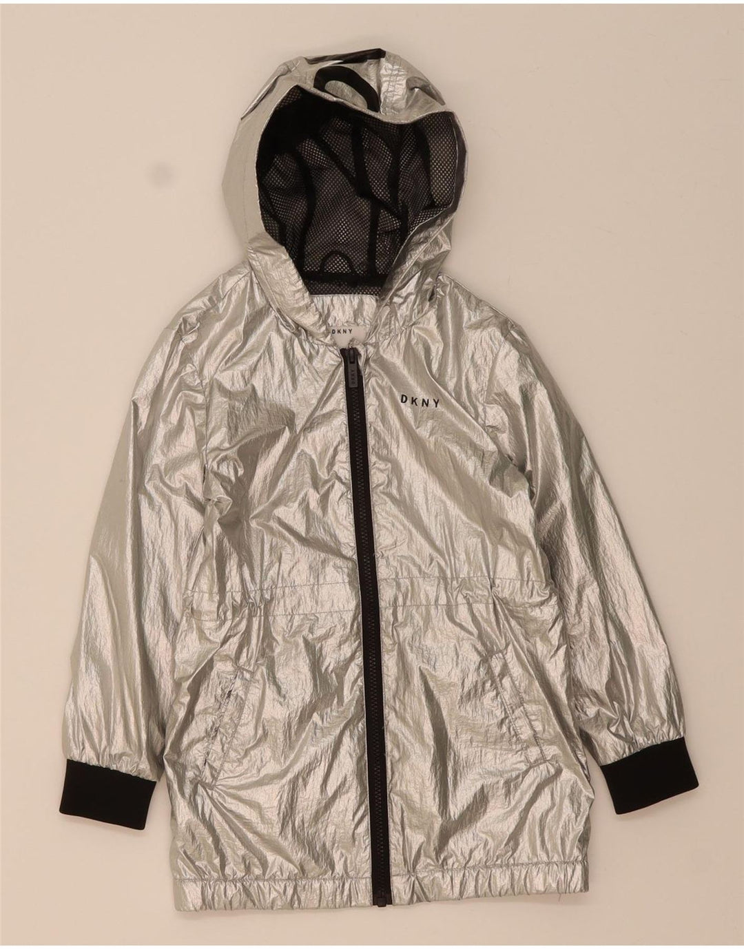 DKNY Girls Graphic Hooded Rain Jacket 5-6 Years Silver Colourblock