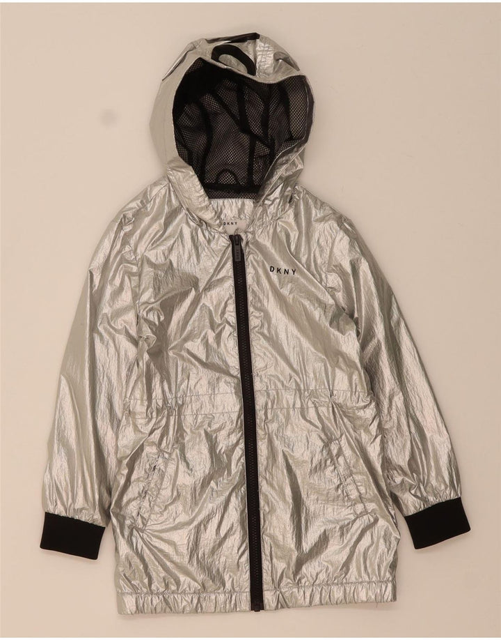 DKNY Girls Graphic Hooded Rain Jacket 5-6 Years Silver Colourblock