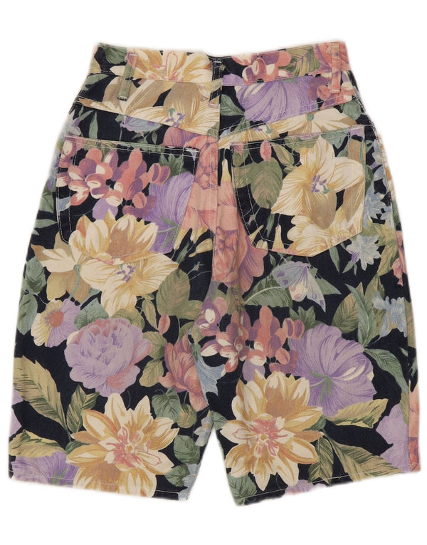 Pantaloncini di jeans a vita alta da donna vintage UK 10 piccoli W24 floreale multicolore