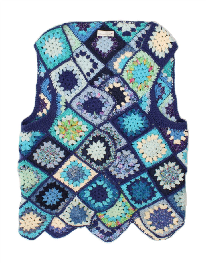 VINTAGE Womens Sleeveless Cardigan Sweater UK 16 Large Blue Patchwork Vintage Vintage and Second-Hand Vintage from Messina Hembry 
