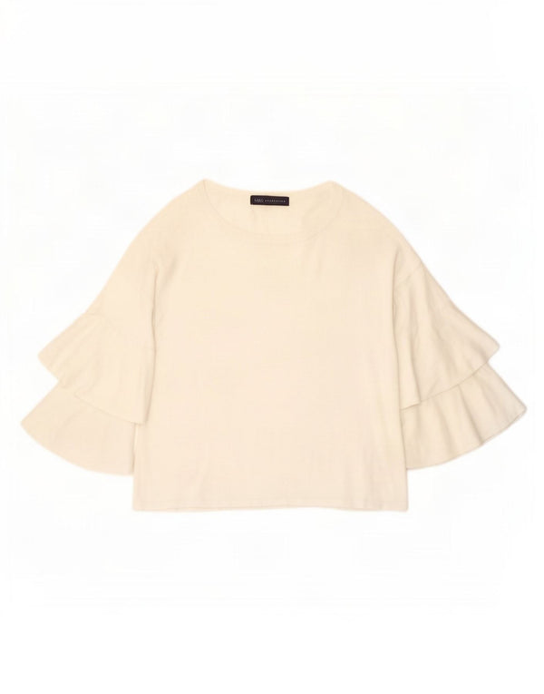 Marks & Spencer Womens Crop 3/4 Sleeve Blouse Top UK 12 Medium Off White