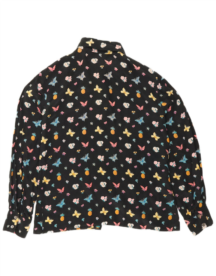 Zero Womens Graphic Shirt Blouse IT 46 Large Black Floral Silk Butterfly