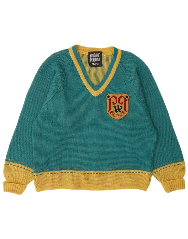 Vintage Womens Graphic V-Neck Jumper Sweater UK 18 XL Green Colourblock